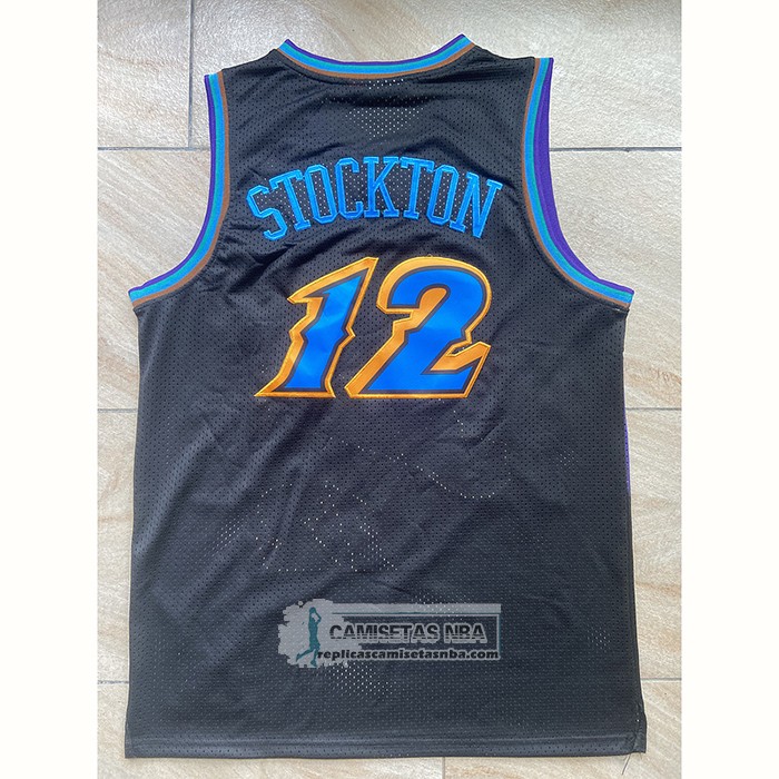Camiseta Utah Jazz John Stockton NO 12 Mitchell & Ness 1996-97 Negro